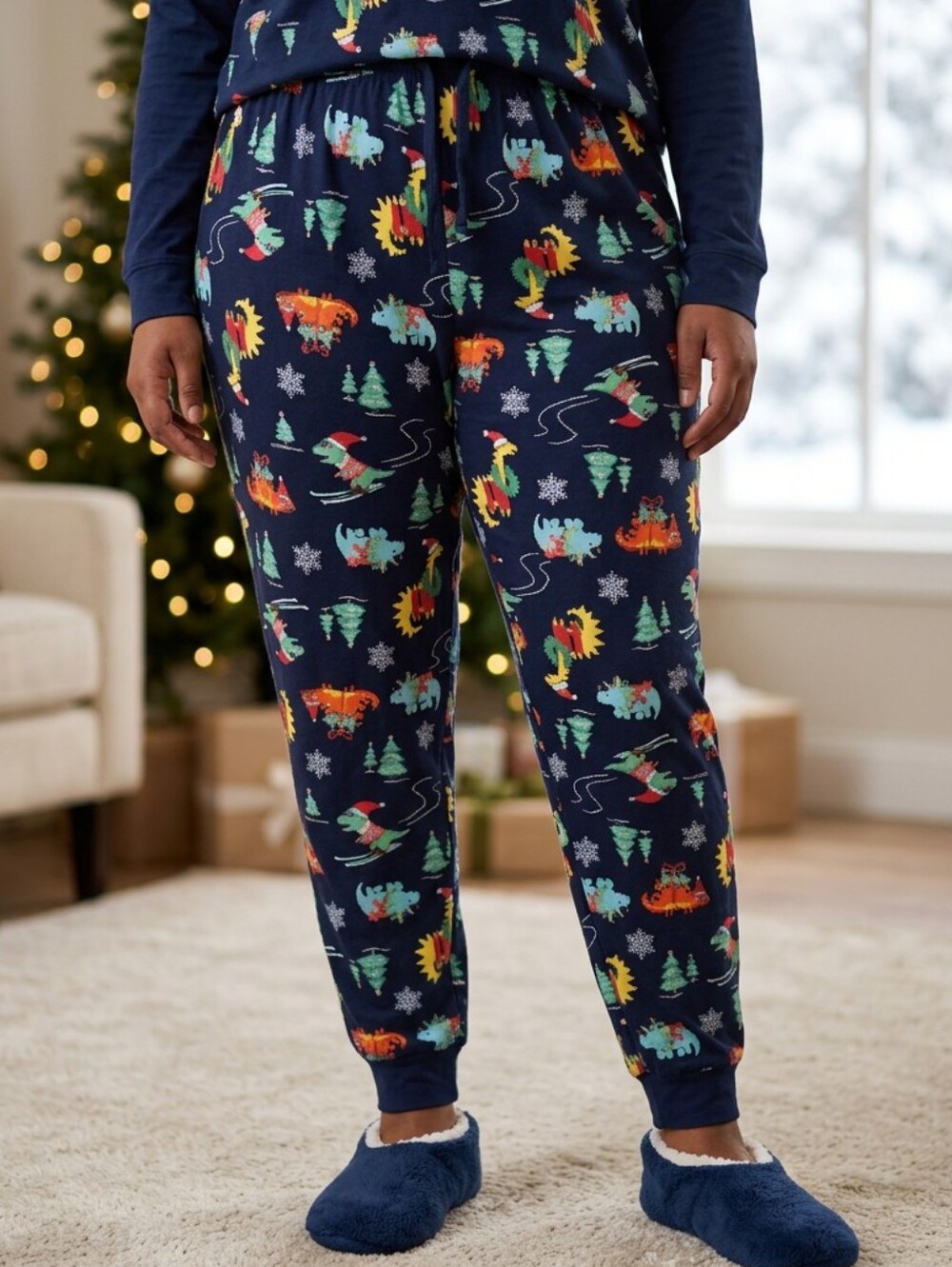 Christmas Dinosaur Pajama Pants Women L Navy Holiday Dino Lounge Joggers Pockets